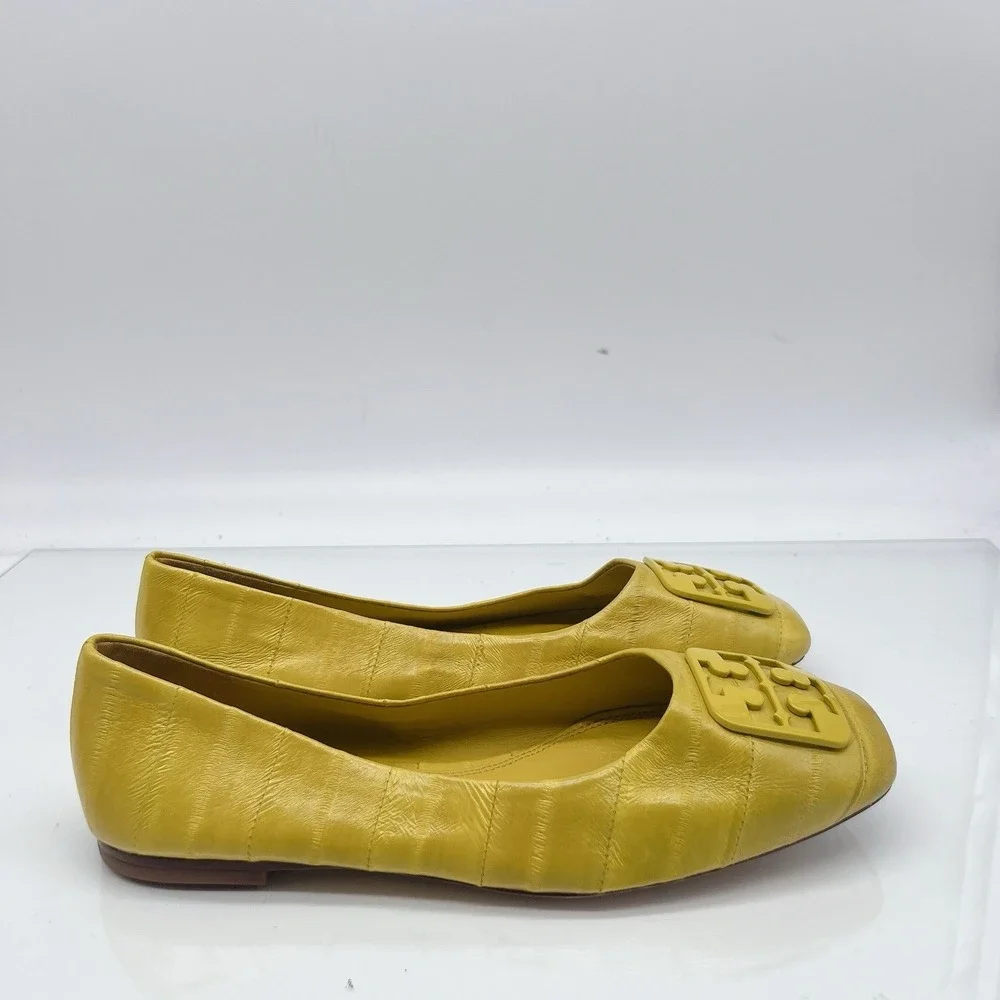 Tory Burch Georgia Women's Ballet Flats Square Toe Logo Yellow Leather US 6.5